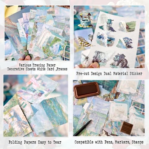 Diuhofart Sea Sketchbook Scrapbooking Kit, 128 Pcs Journal Set | Includes A6 notebook, blue coastal papers, PET stickers, washi tape and ephemera for journals, cards and memory books. - color: Sea Sketchbook