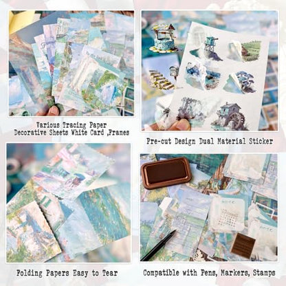 Diuhofart Sea Sketchbook Scrapbooking Kit, 128 Pcs Journal Set | Includes A6 notebook, blue coastal papers, PET stickers, washi tape and ephemera for journals, cards and memory books. - color: Sea Sketchbook