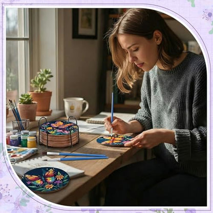 Reallnaive 8 Pcs Butterfly Flower Paint by Numbers Kit Coaster for Adults | Mini Paint by Numbers, Tiny Floral Round Oil Painting Drink Coaster with Holder, for Small DIY Craft Birthday Gift - style: Butterfly Flowers