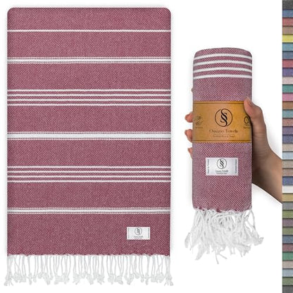 Ossano Turkish Beach Towel Lightweight & Striped Extra Large (39" x 71") - Quick Dry, Versatile and Functional as Bath, Yoga Mat, Gym Towel, Travel Blanket, Picnic Blanket - Burgundy - color: Burgundy