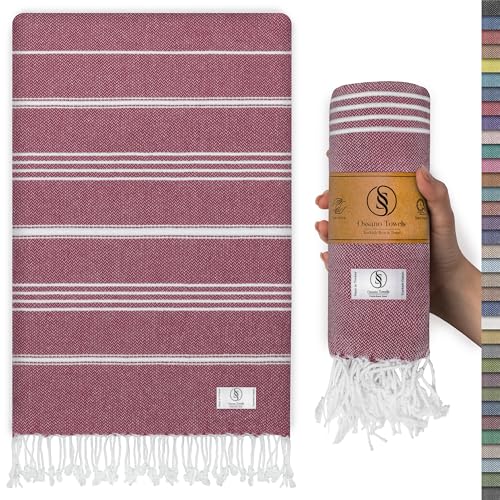 Ossano Turkish Beach Towel Lightweight & Striped Extra Large (39" x 71") - Quick Dry, Versatile and Functional as Bath, Yoga Mat, Gym Towel, Travel Blanket, Picnic Blanket - Burgundy - color: Burgundy