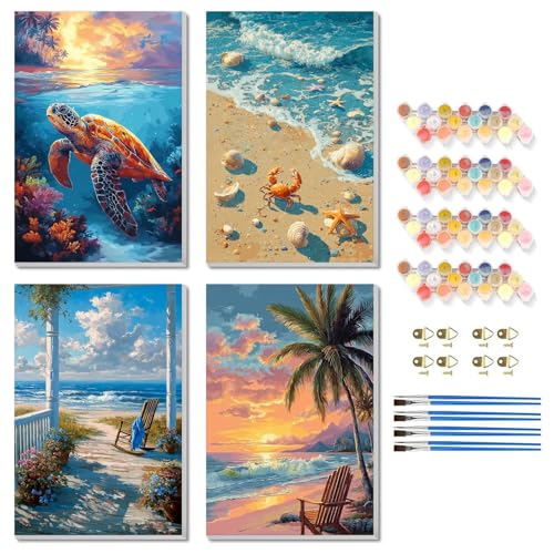 TBAIRO 4 Pack Beach Framed Paint by Numbers Kit for Adults Beginner Sea Turtle DIY Painting Kits for Adults Beach Easy Adult Paint by Number Kits on Canvas for Wall Art Decor 8x12 Inch