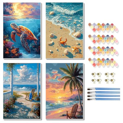 TBAIRO 4 Pack Beach Framed Paint by Numbers Kit for Adults Beginner Sea Turtle DIY Painting Kits for Adults Beach Easy Adult Paint by Number Kits on Canvas for Wall Art Decor 8x12 Inch