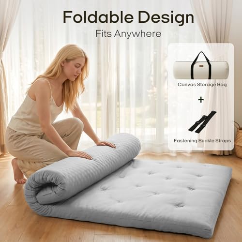 ZonLi Japanese Floor Mattress, 100% Cotton Washable Cover Futon Mattress - color: Light Grey, size: Queen(80"L x 60"W x 4"Th)