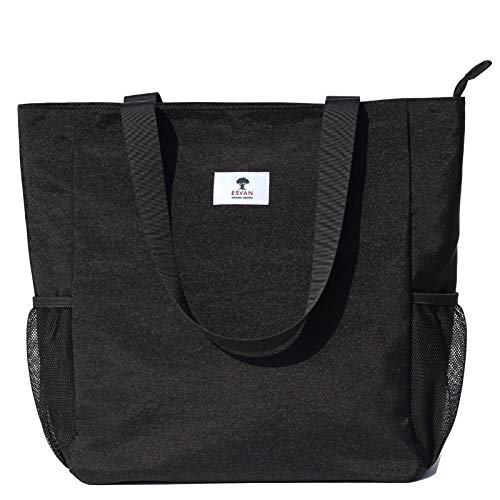ESVAN Original Floral Water Resistant Large Tote Bag Shoulder Bag for Gym Beach Travel Daily Bags Upgraded - color: [S] Black