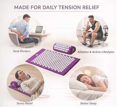 Acupressure Mat & Pillow Set, 4-in-1, 29", Hot/Cold Pack, Purple | Acupuncture Mat Helps Ease Back, Neck & Sciatica Pain While Supporting Muscle Relaxation, Stress Relief, Recovery And Sleep. - color: Purple