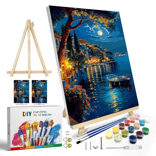 JOOZ Paint by Numbers Kit for Adults with Frame, Moon Paint by Number with Easel, DIY Town Lake Boat Paint by Numbers Landscape for Home Wall Decor 8 x 12 Inch - color: Moon/Lakeside Town