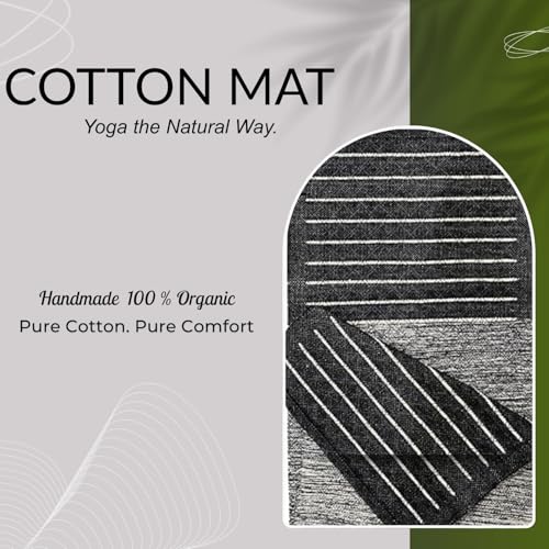 Indian Handmade100 % Organic Anti Skid Multi Colour Cotton Yoga Mat - Eco-Friendly Hand-Woven Rug - Non-Slip & Thick (24”x72”x5mm) for Hot yoga & Everyday Fitness at Home - Comfortable & Foldable Extra-Long Mat - color: BLACK 007