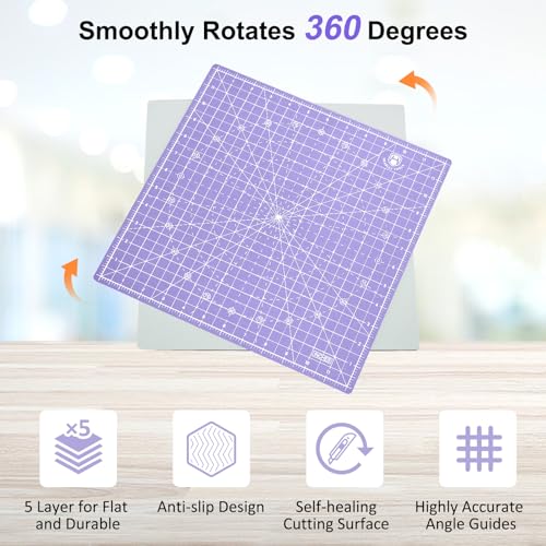 Headley Tools 12"x12" Rotating Cutting Mat, Self Healing Mat with 360-Degree Rotation & Anti-Slip Base, Sewing Board Cutting Mat Perfect for Fabric Quilting Leather Hobby Project, Purple - color: Purple, size: 12"L x 12"W