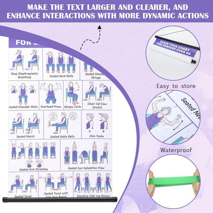 JolliLudo 2 Pcs Chair Yoga Wall Chart and 2 Pcs Elastic Band for Seniors Beginners, 31 Yoga Poses Fabric Poster with Hanging Rod & Rope, Foldable, Easy to Display for Home Office Living Room Decor