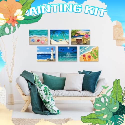 Motipuns 12 Set Beach Pre Drawn Canvas for Paint for Adults | 10 x 8 Inch, Sip and Paint Party Kit, Pre Printed Framed Canvas with Easels Paints Brushes Aprons, Party Adult Art Supplies - style: Beach