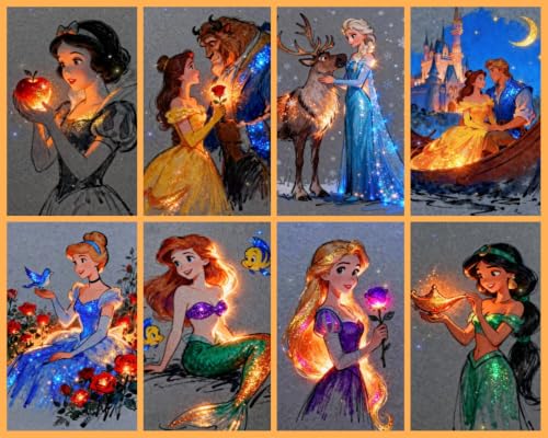 ZSWLLHP 8 Packs Glowing Diamond Art Kits for Adults, Disiney Glowing Princess Diamond Painting Kits for Adults and Kids, Full Round Drill Diamond Art Paintings Diamond Dot Gem Art Home Wall Decor - color: Multicolor