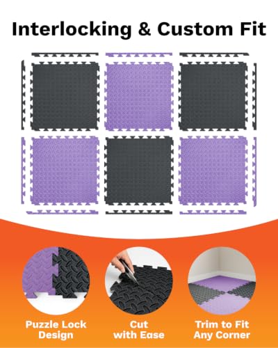 AIRHOP Upgraded 0.79" Extra Thick 48 Sq Ft High-Density Eva Foam Exercise Gym Mats, 12 Pcs Large Interlocking Puzzle Floor Tiles (24"x24") for Home Gym - color: Black/Purple