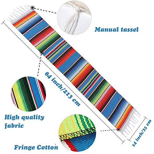 Mexican Table Runner 14 x 84 Inch Mexican Serape Table Runner for Mexican Party Wedding Decorations, Fringe Cotton Table Runner - color: Blue, size: 14 x 84 Inch