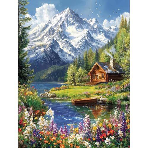 LWZAYS Mountain Paint by Numbers Kit for Adults Beginner, Cabin Adult Paint by Number Kits on Canvas, Mountain Landscape Acrylic Paint by Number Kit for Gift Decor - 16x20Inch