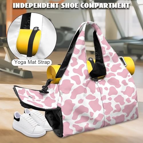 Pink Cow Print Gym Bag with Shoe Compartment Durable Gym Tote with Yoga Mat Holder Sports Duffel Bags with Double Zipper, Sports Duffle Bags for High School - color: Pink Cow Print