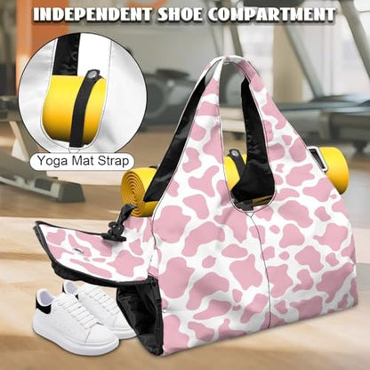 Pink Cow Print Gym Bag with Shoe Compartment Durable Gym Tote with Yoga Mat Holder Sports Duffel Bags with Double Zipper, Sports Duffle Bags for High School - color: Pink Cow Print