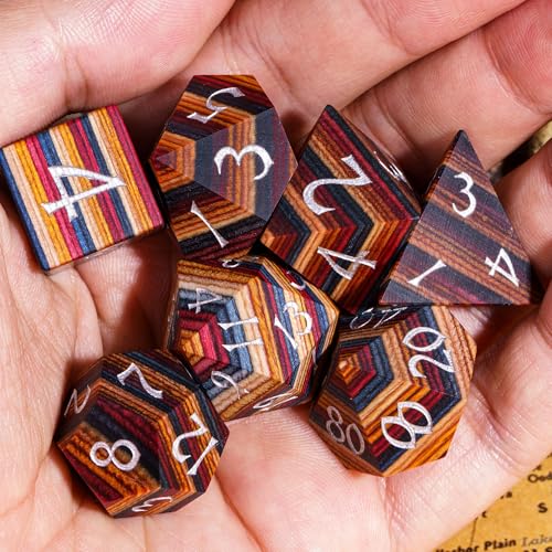 Wooden Dice Set Yellow Striped Wood DND Dice for D&D Tabletop Games - color: Yellow Striped/Silver