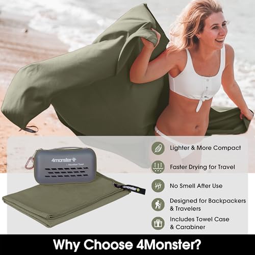 4Monster Quick Dry Travel Towel with Case & Carabiner – Super Absorbent Microfiber Gym & Camping Towel. Compact, Lightweight, Fast Drying for Beach, Swimming, Hiking, Backpacking - color: Army Green, size: 47.00" x 23.60"