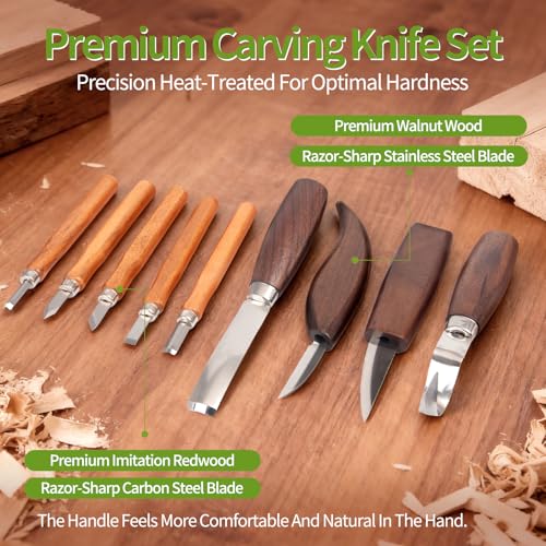 Wood Carving Kit - 12Pcs Wood Carving Tools Set with Storage Bag,Carving Knife Set with 4Pcs Whittling Knives, 5Pcs Detail Carving Knives,Wood Whittling Kit for Beginners Adults Kids
