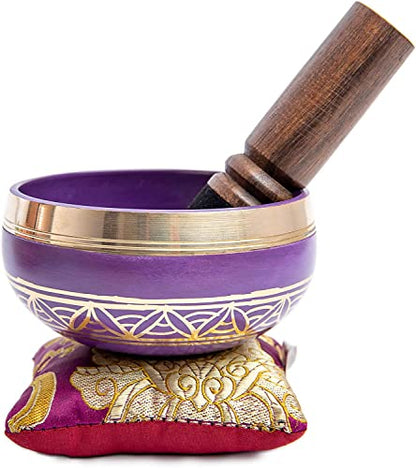 Tibetan Singing Bowl Set - Authentic Handcrafted Mindfulness Meditation Holistic Sound 7 Chakra Healing Gift by Himalayan Bazaar (Purple-Magenta) - color: Magenta Purple