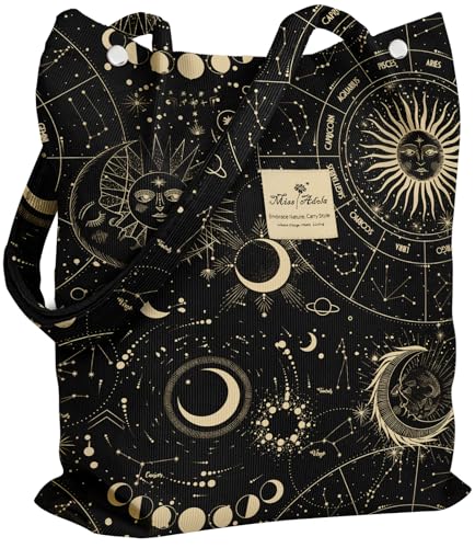 Miss Adola Corduroy Tote Bag for Women with Aesthetic Design | Magnetic Buckle & Pocket, Reusable, Soft, Roomy, Long Shoulder Handles, Double-sided Print, Casual Daily Work, Grocery Bags - color: Sun Stars