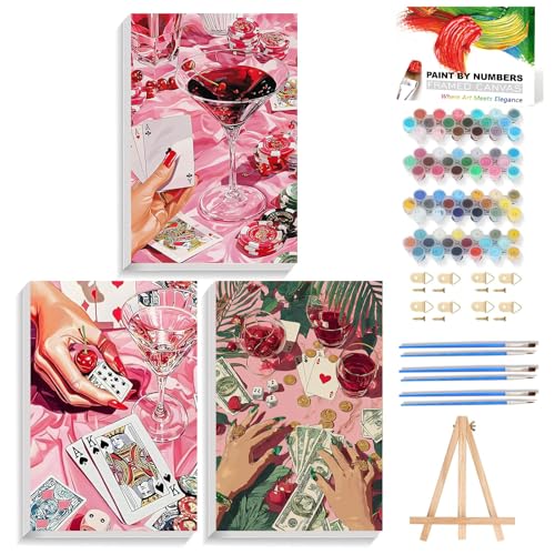 Reivworl 3 Pack Framed Paint by Numbers for Adults with Wooden Easel, Poker Paint by Numbers Kit for Adults Beginner, Acrylic Painting by Number for Home Decor 8X12 Inch - color: 03-Poker, size: 8X12 Inch