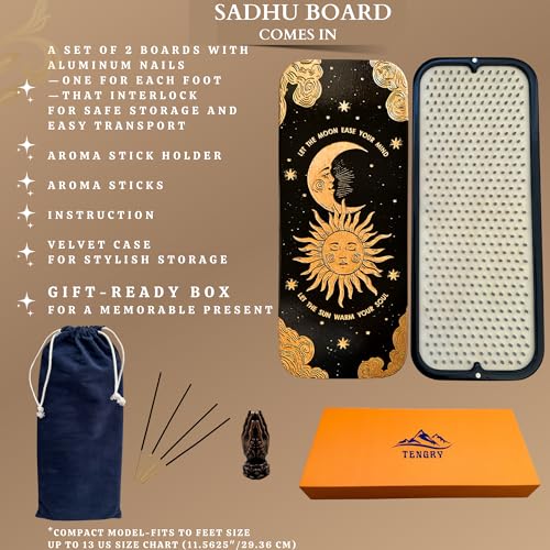 TENGRY Sadhu Board, Specially Crafted Aluminum & Copper Nails, Light Nail Board, 0.31 IN (8 mm), Beginners, Hexagon, Slim Sadhu Wood Board for Standing on Nails, Acupuncture Foot Massage, Yoga Gift - color: Aluminum Nails Moon and Sun Black