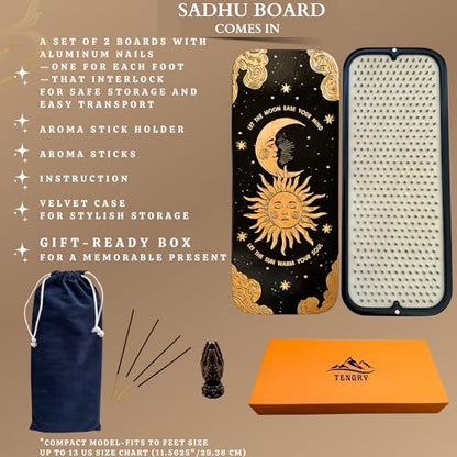 TENGRY Sadhu Board, Specially Crafted Aluminum & Copper Nails, Light Nail Board, 0.31 IN (8 mm), Beginners, Hexagon, Slim Sadhu Wood Board for Standing on Nails, Acupuncture Foot Massage, Yoga Gift - color: Aluminum Nails Moon and Sun Black
