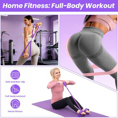 Resistance Bands Set for Women, 7-Piece Resistance Bands with Handles, Figure-8 Band & 5 Yoga Loop Bands, Medium Resistance for Home Gym, Pilates, Yoga, Stretching & Strength Training - color: Purple