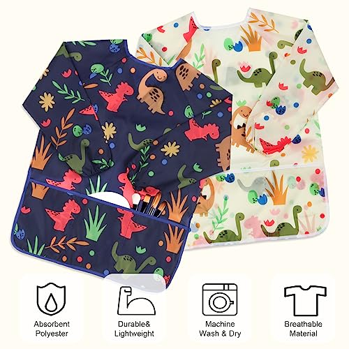 Kids Art Smocks 2 Pack Dinosaur Painting Aprons for Children Waterproof Artist Smock with Long Sleeve and 3 Pockets for Age 3-8 Years - color: Dinosaur-2