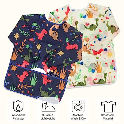 Kids Art Smocks 2 Pack Dinosaur Painting Aprons for Children Waterproof Artist Smock with Long Sleeve and 3 Pockets for Age 3-8 Years - color: Dinosaur-2