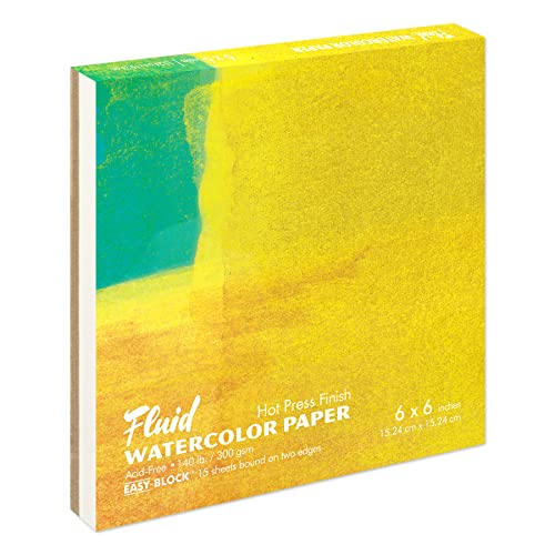 Fluid Watercolor Paper Block, 6 x 6 inches, 15 White Sheets, 140 lb (300 GSM) Hot Press Pad for Artist Painting and Wet Media - size: 6 x 6