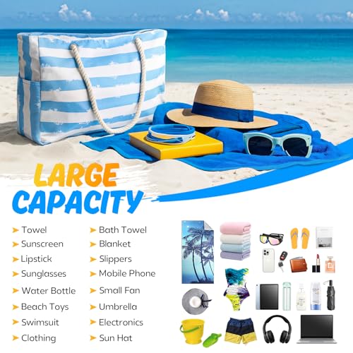 SRISE Large Beach Bag for Women & Men, Beach Bags Waterproof Sandproof, Travel Tote Bag, Swim Pool Bag for Family Outdoor - color: Blue White
