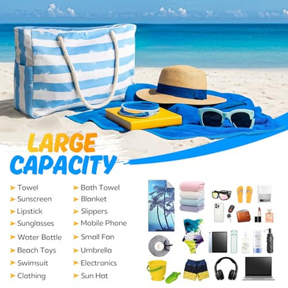 SRISE Large Beach Bag for Women & Men, Beach Bags Waterproof Sandproof, Travel Tote Bag, Swim Pool Bag for Family Outdoor - color: Blue White