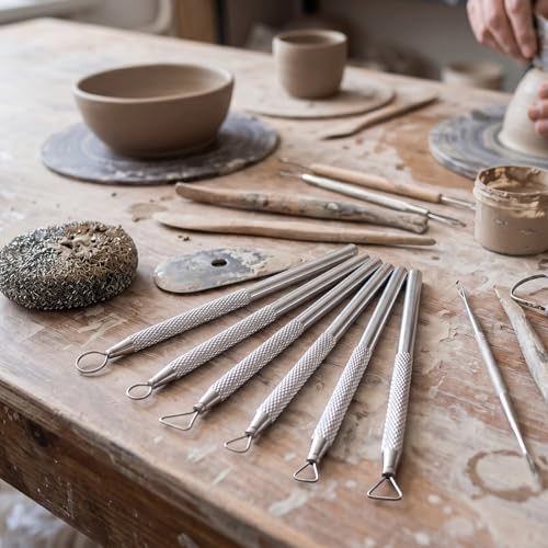 DIYOOHOMY 6 Pcs Clay Sculpting Tools Set, Metal Polymer Clay Ribbon Loop Tool, Sgraffito Tools for Pottery Caving Trimming Scraper Craft Ceramic Modelling Tool Kit - color: White-3