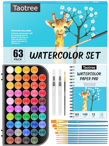 Taotree 48 Watercolor Paint Set with 10 Paint Brushes and Watercolor Book | Watercolor Workbook, Watercolor paper, Water Coloring Book with Palette, Drawing Pad, Painting Art Supplies for Adults Artist - color: 63 Multicolor