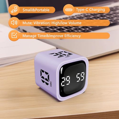 GuDoQi Multi-Function Cube Timer, 5/10/30/60 Min & Custom Count Down, Included Pause & Resume Feature, Silent, Vibrate & Adjustable Sound Alarm for Productivity in Tasks, Study & Kitchen, Purple - color: Purple