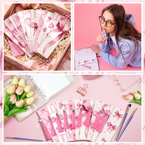 Kosiz 12 Pcs Pink Bow Paint by Number Kit for Adult Wood Bookmark | Mini Paint by Numbers Kit, Painting Decor, Tiny Tassels Blank Bookmarks, for Small DIY Craft Book Lovers Gift 7x2 '' - style: Pink Bow