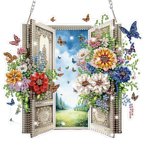 Bowetile Garden Scene Diamond Art Hanging Kits for Adults, Diamond Art Suncatchers Enchanted Flower Door, 5D Special Shape Diamond Painting Pendant Window Ornament Gifts for Home Wall Decor - color: Enchanted Flower Door