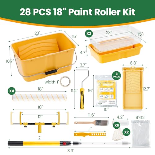 VOOMEY 28PCS 18 Inch Paint Roller Kit, Large Roller with Extension Pole | Complete Painting Set with Bucket and Tray for Fast Coverage on Walls, Ceilings and Large Interior Projects - size: 18inch 28pc