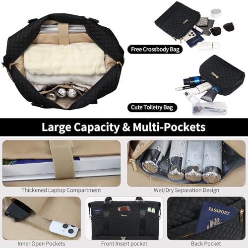 Weekender Bag, Large Travel Duffel Bag for Women, Carry on Overnight Bag with Shoe Compartment and Toiletry Bags - color: I-3PCS Black