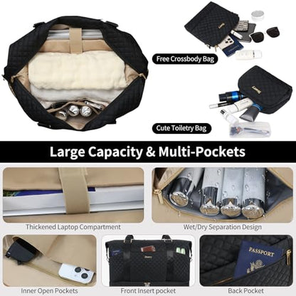 Weekender Bag, Large Travel Duffel Bag for Women, Carry on Overnight Bag with Shoe Compartment and Toiletry Bags - color: I-3PCS Black