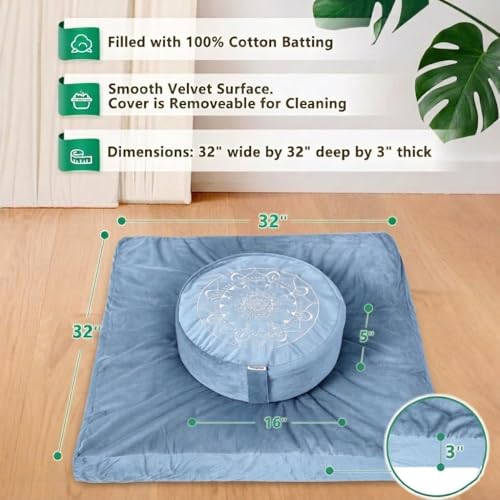 Hihealer Meditation Cushion, Traditional Tibetan Meditation Pillow Velvet Cover - Large Floor Cushion Seating for Adults - Yoga Buckwheat Bolster for Women、Moms | Buckwheat Yoga Bolster, Large Floor Cushion & Pillow for Adults, Zafu Zabuton Set, Zen Medit
