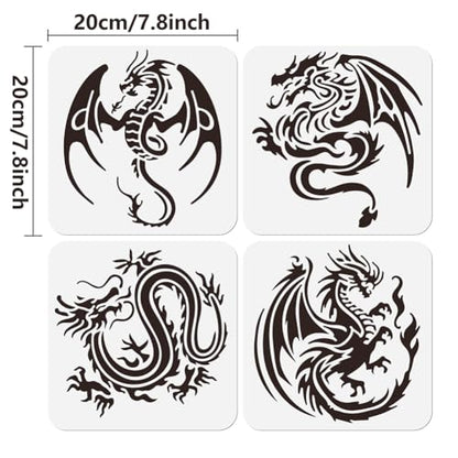 ORIGACH 4 Pcs Western & Chinese Dragon Stencils - 7.8x7.8 inch | Reusable Western & Chinese Dragon Large Stencils for Drawing, Painting on Wood, Canvas, Wall - style: Dragon