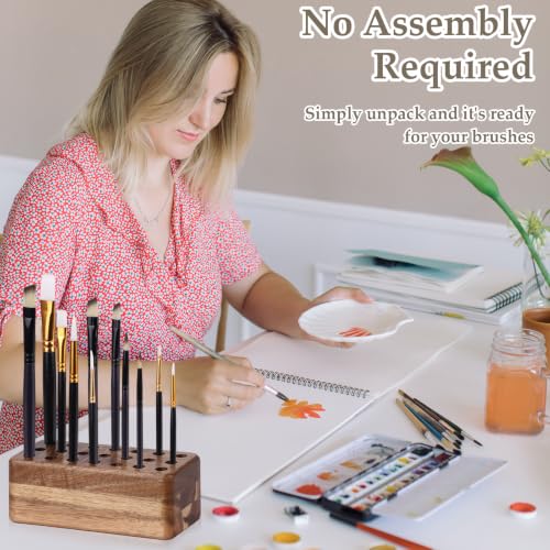 21 Holes Paint Brush Storage Organizer Wooden Paint Brush Holder Stand for Art Brushes Artist Brush Holder for Office Desk Craft Tool Holder 5.9 × 2.8 × 2.2 In