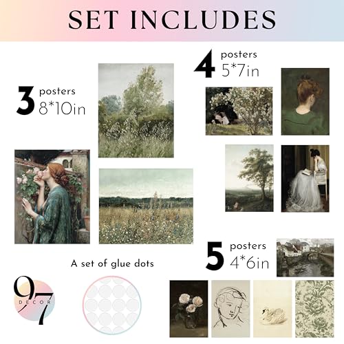 97 Decor French Country Wall Art, 12 Vintage Farmhouse Prints, Unframed | Spring landscape and botanical posters, 3 pcs 8x10, 4 pcs 5x7, 5 pcs 4x6, gallery wall, living room - color: Spring Farmhouse