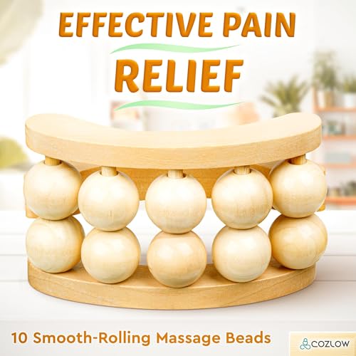 Wooden Massage Ball Roller - Supports Lymphatic Drainage and Pain Relief | Cozlow - wood massager w/ 10 rolling balls & easy grip - whole body muscles relaxation - may help reduce cellulite appearance - color: Wood