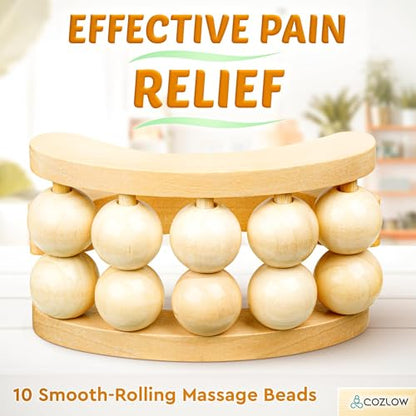 Wooden Massage Ball Roller - Supports Lymphatic Drainage and Pain Relief | Cozlow - wood massager w/ 10 rolling balls & easy grip - whole body muscles relaxation - may help reduce cellulite appearance - color: Wood