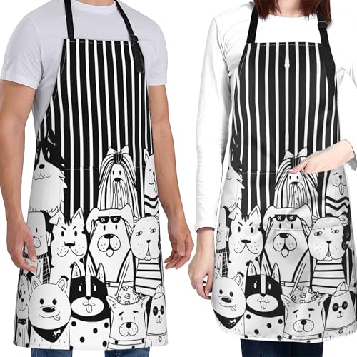 Art Apron with Pocket for Women Men | Kitchen Aprons Chef Apron for Cooking Baking BBQ Painting Gardening - color: Black Dogs With Stripes
